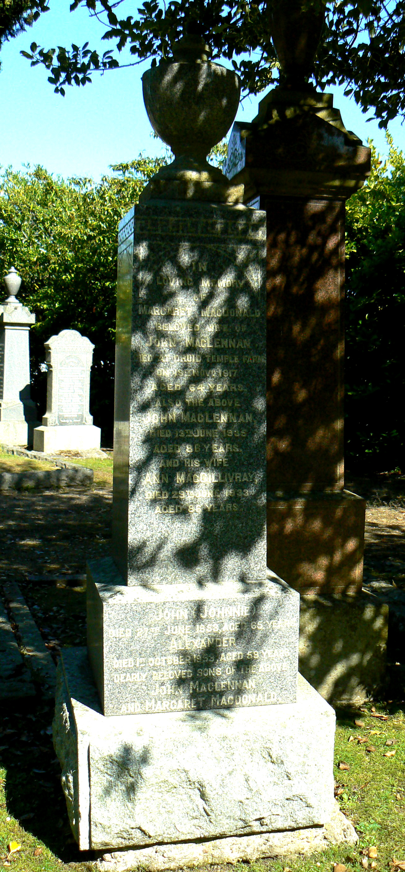 Photo of headstones/John MacLennan abt 1853-1935 hdstn Tomnahurich